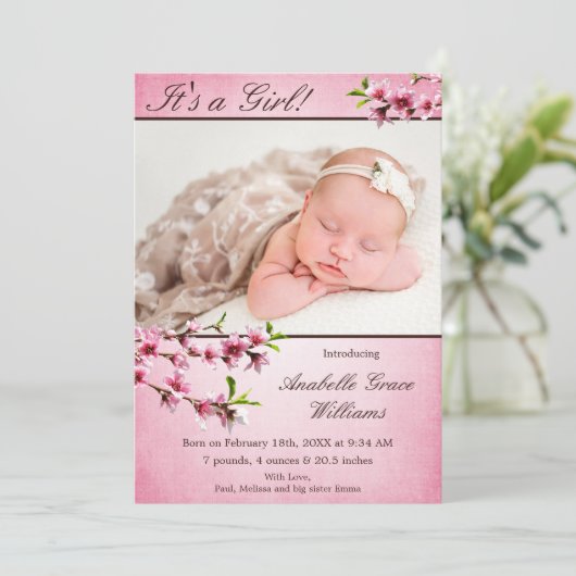 Cherry Blossoms Roze foto geboorte aankondiging (Staand voorkant)