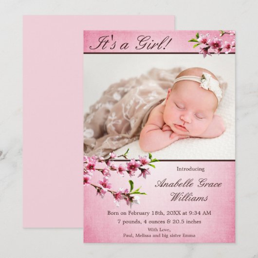 Cherry Blossoms Roze foto geboorte aankondiging (Voorkant / Achterkant)