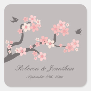 Cherry Blossoms roze/grijze vierkante sticker