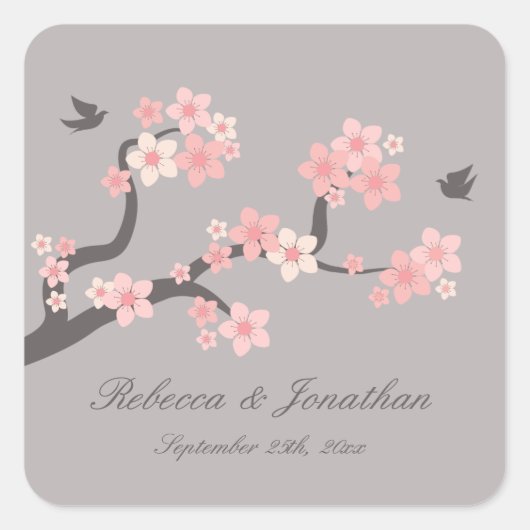 Cherry Blossoms roze/grijze vierkante sticker (Voorkant)