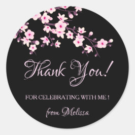 Cherry Blossoms Roze Zwart Dank u Ronde Sticker