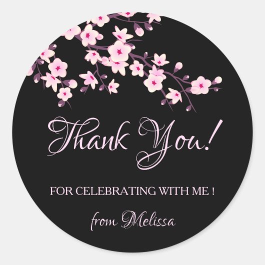 Cherry Blossoms Roze Zwart Dank u Ronde Sticker (Voorkant)