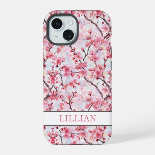 Cherry Blossoms Sakura Monogrammed iPhone 15 Case (Achterkant)