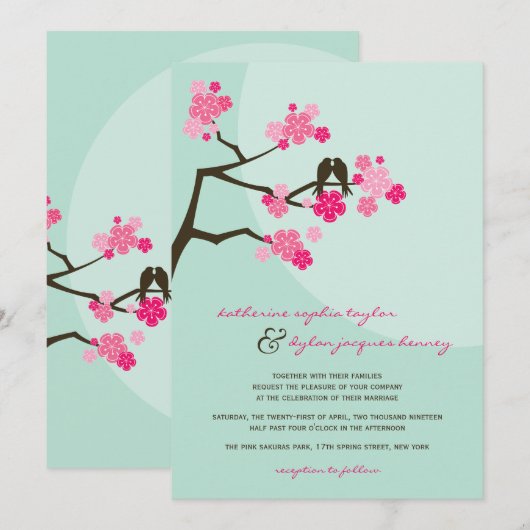 Cherry Blossoms Sakura Tortelduifjes Bruiloft Uitn Kaart (Voorkant / Achterkant)