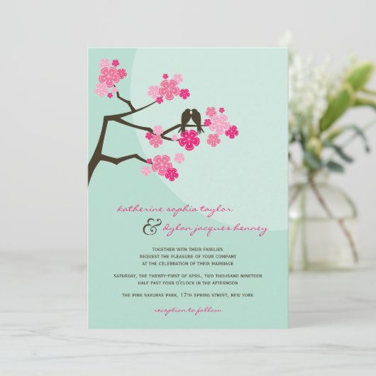 Cherry Blossoms Sakura Tortelduifjes Bruiloft Uitn Kaart (Staand voorkant)