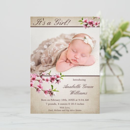 Cherry Blossoms Tan foto geboorte aankondiging (Staand voorkant)
