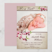 Cherry Blossoms Tan foto geboorte aankondiging (Voorkant / Achterkant)