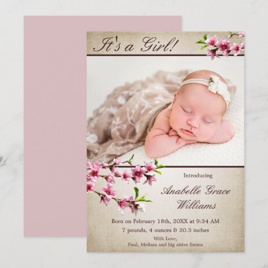 Cherry Blossoms Tan foto geboorte aankondiging (Voorkant / Achterkant)