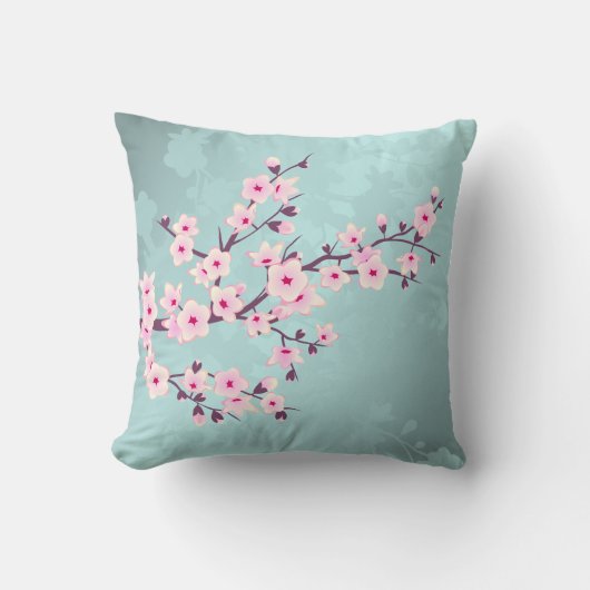 Cherry Blossoms Turquoise Monogram Kussen (Voorkant)