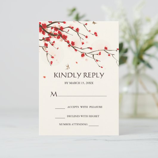 Cherry Blossoms Waterverf Bloemen Bruiloft RSVP (Staand voorkant)