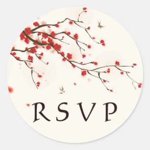 Cherry Blossoms Waterverf Bloemen Bruiloft RSVP Ronde Sticker