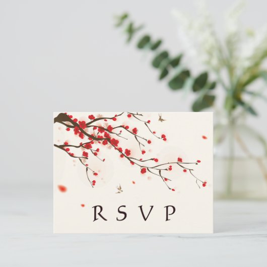 Cherry Blossoms Waterverf Bloemen Bruiloft RSVP Uitnodiging Briefkaart (Staand voorkant)
