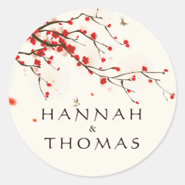 Cherry Blossoms Waterverf Bruiloft Gepersonaliseer Ronde Sticker