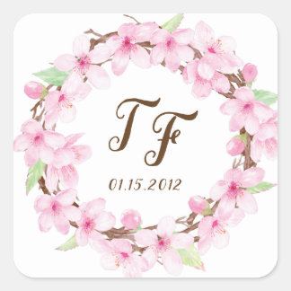 Cherry Blossoms Waterverf Trouwstickers Vierkante Sticker