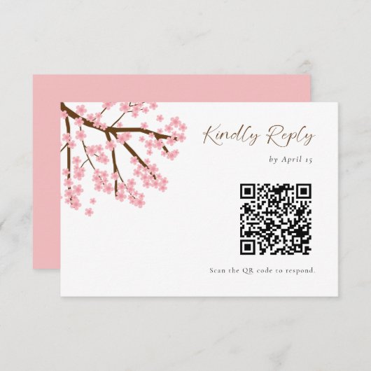 Cherry Blossoms Wedding RSVP QR Code Floral Script (Voorkant / Achterkant)