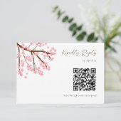 Cherry Blossoms Wedding RSVP QR Code Floral Script Kaartje (Staand voorkant)