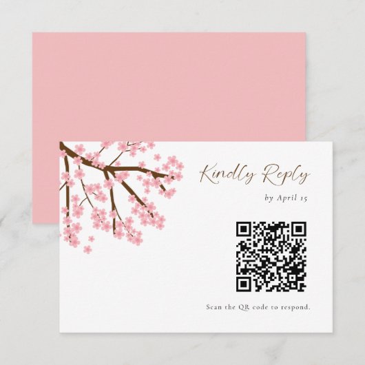 Cherry Blossoms Wedding RSVP QR Code Floral Script Kaartje (Voorkant / Achterkant)
