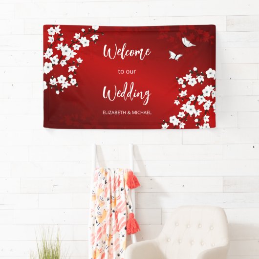 Cherry Blossoms White Red Wedding Welcome Spandoek (Insitu)