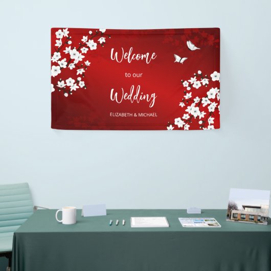 Cherry Blossoms White Red Wedding Welcome Spandoek (Beurs)