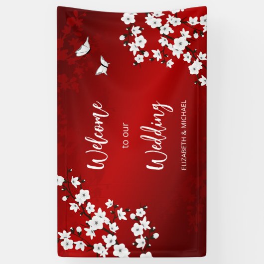 Cherry Blossoms White Red Wedding Welcome Spandoek (Verticaal)