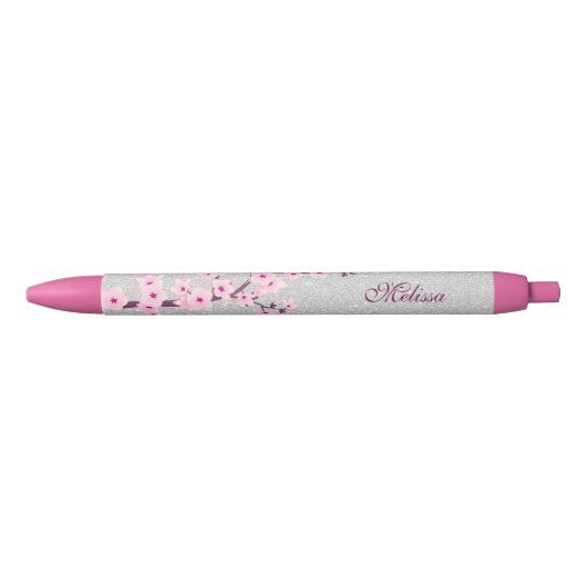 Cherry Blosssom Silver Glitter Monogram Blauwe Inkt Pen (Voorkant)