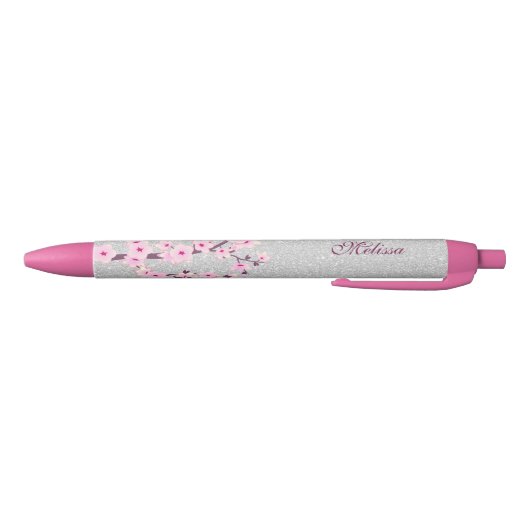 Cherry Blosssom Silver Glitter Monogram Blauwe Inkt Pen (Bodem)