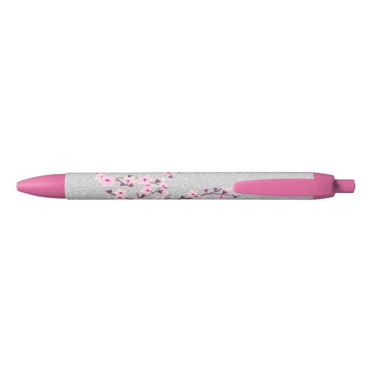 Cherry Blosssom Silver Glitter Monogram Blauwe Inkt Pen (Achterkant)