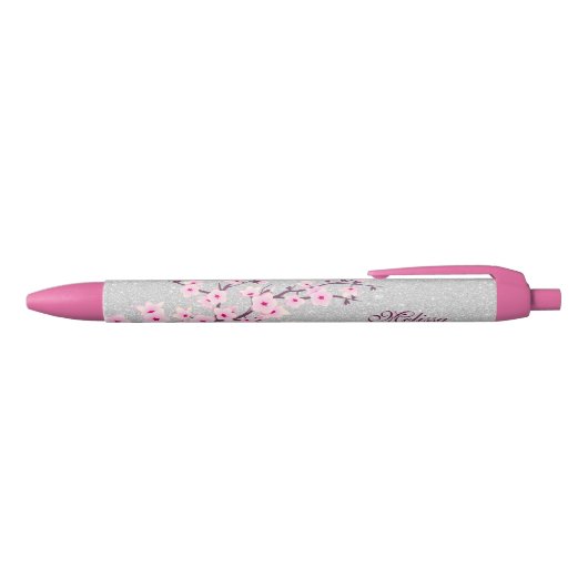 Cherry Blosssom Silver Glitter Monogram Blauwe Inkt Pen (Bovenkant)