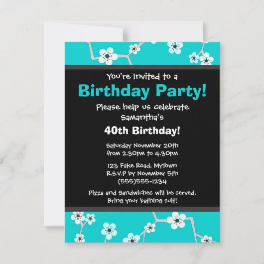  Cherry Blossum Black en Blue Party Invite Kaart (Voorkant)