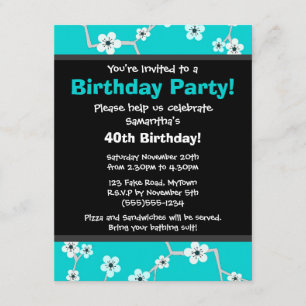  Cherry Blossum Black en Blue Party Invite Kaart
