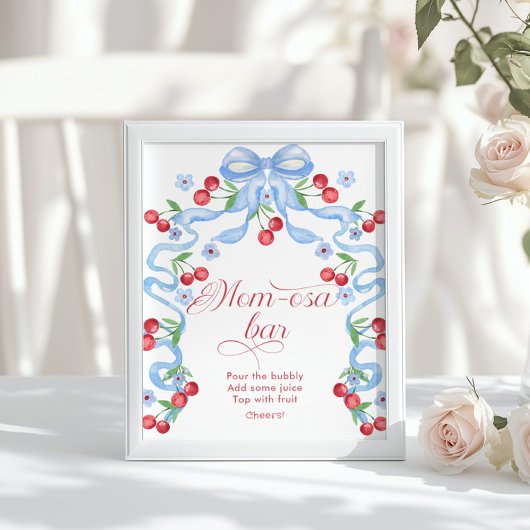 Cherry Blue Bow Momosa bar baby shower Poster