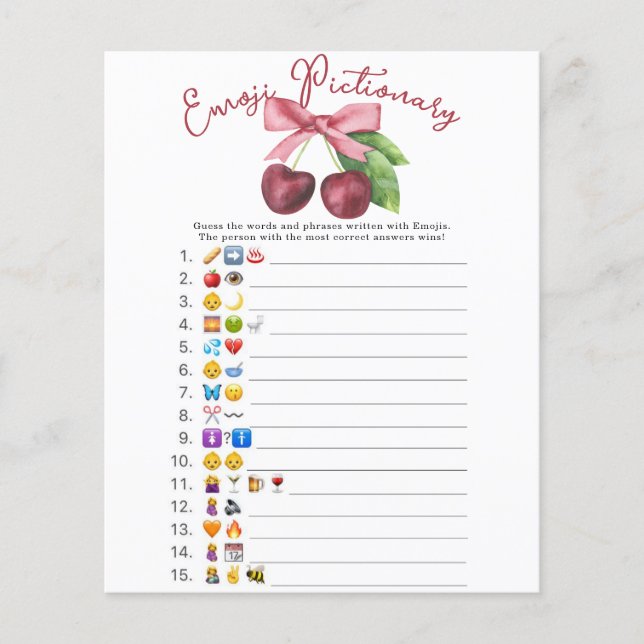 Cherry bow baby shower Emoji Pictionary spel (Voorkant)
