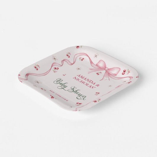 Cherry Bow Girl Baby shower Papieren Bordje (Gebogen)