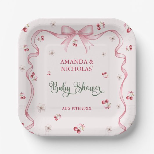 Cherry Bow Girl Baby shower Papieren Bordje (Voorkant)