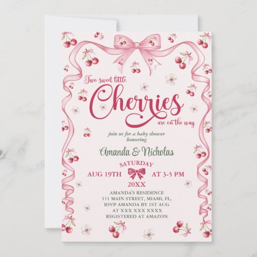 Cherry Bow Twin Girls Baby shower Kaart (Voorkant)