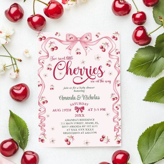 Cherry Bow Twin Girls Baby shower Kaart