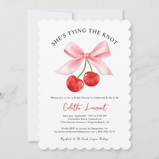 Cherry Bow Tying the Knot Scalloped Vrijgezellenfe Kaart (Voorkant)