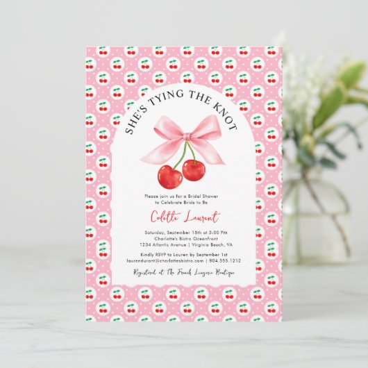 Cherry Bow Tying the Knot Vrijgezellenfeest Kaart (Staand voorkant)