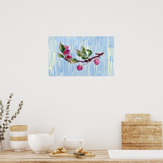 Cherry Branch op blauw Poster (Keuken)