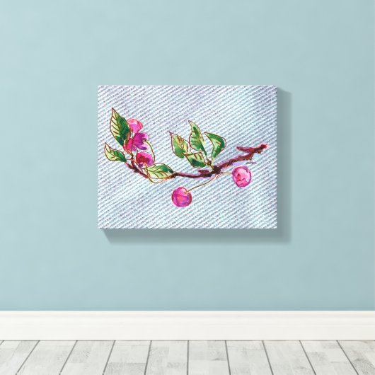 Cherry Branch op denim Canvas Afdruk (Insitu (Houten vloer))
