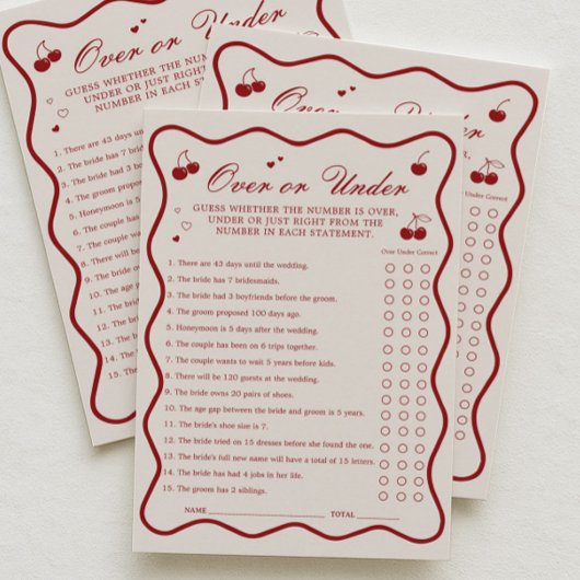Cherry Bridal Shower Over or Under Game Card Kaart