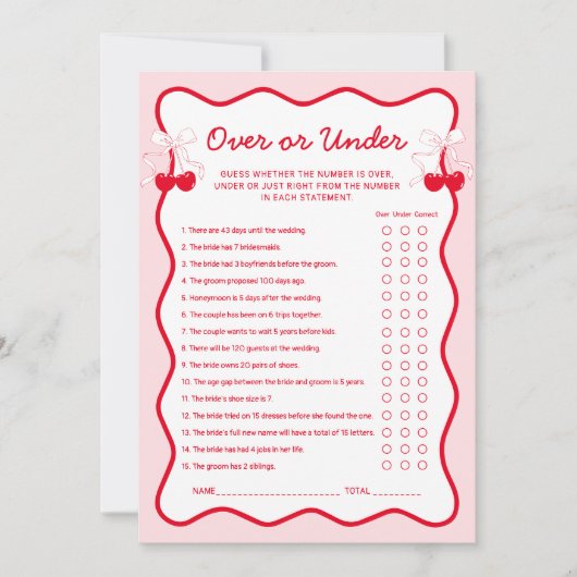 Cherry Bridal Shower Over or Under Game Card Kaart (Voorkant)