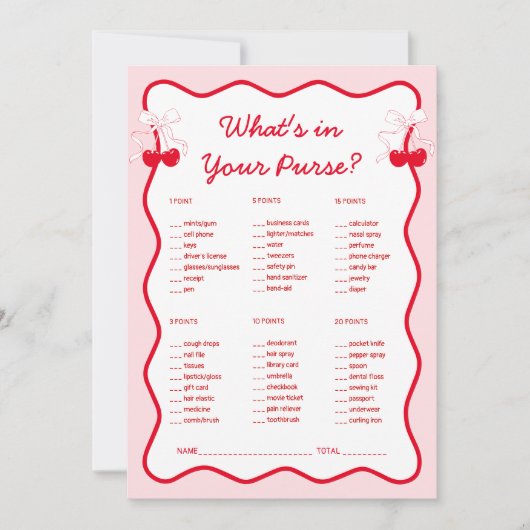 Cherry Bridal Shower What's in Your Purse Game Kaart (Voorkant)