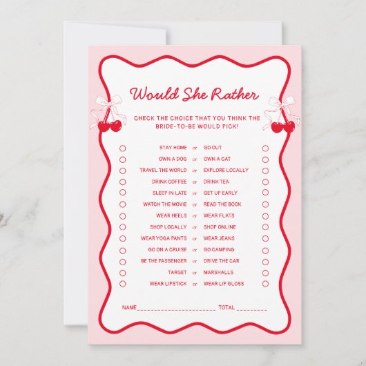 Cherry Bridal Shower Would She Rather Game Card Kaart (Voorkant)