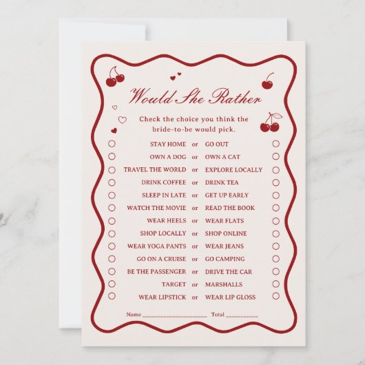 Cherry Bridal Shower Would She Rather Game Card Kaart (Voorkant)