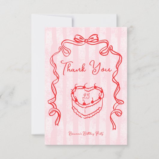 Cherry cake roze coquette boog verjaardagsfeestje bedankkaart (Voorkant)