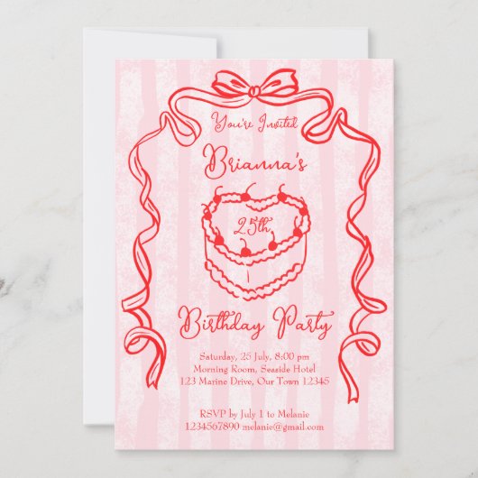 Cherry cake roze coquette boog verjaardagsfeestje kaart (Voorkant)