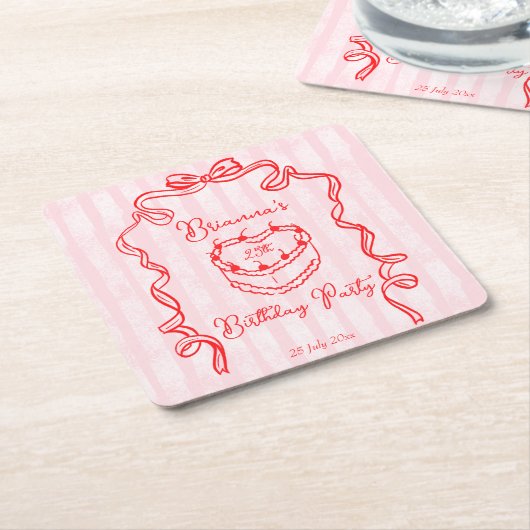 Cherry cake roze coquette boog verjaardagsfeestje  kartonnen onderzetters (Schuin)