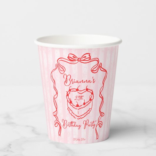 Cherry cake roze coquette boog verjaardagsfeestje papieren bekers (Achterkant)