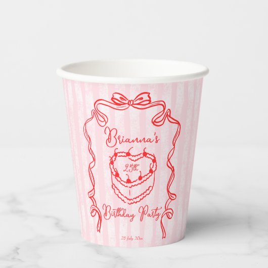 Cherry cake roze coquette boog verjaardagsfeestje papieren bekers (Voorkant)